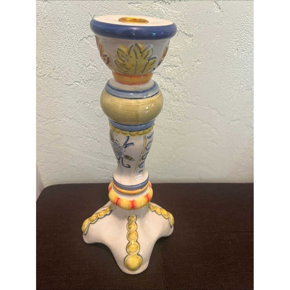 #2130*Hand-Painted Blue and Yellow Ceramic Candlestick - Decorative Home Accent